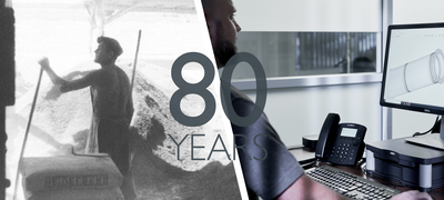 Schiedel 80th anniversary graphic showing the company's evolution from historic manual factory work to modern digital CAD design. Text: "80 YEARS".
