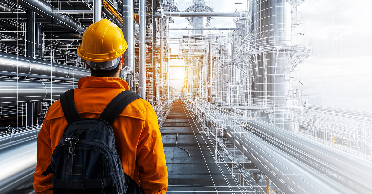 Ingenieur betrachtet technische Zeichnung von Abgassystemen