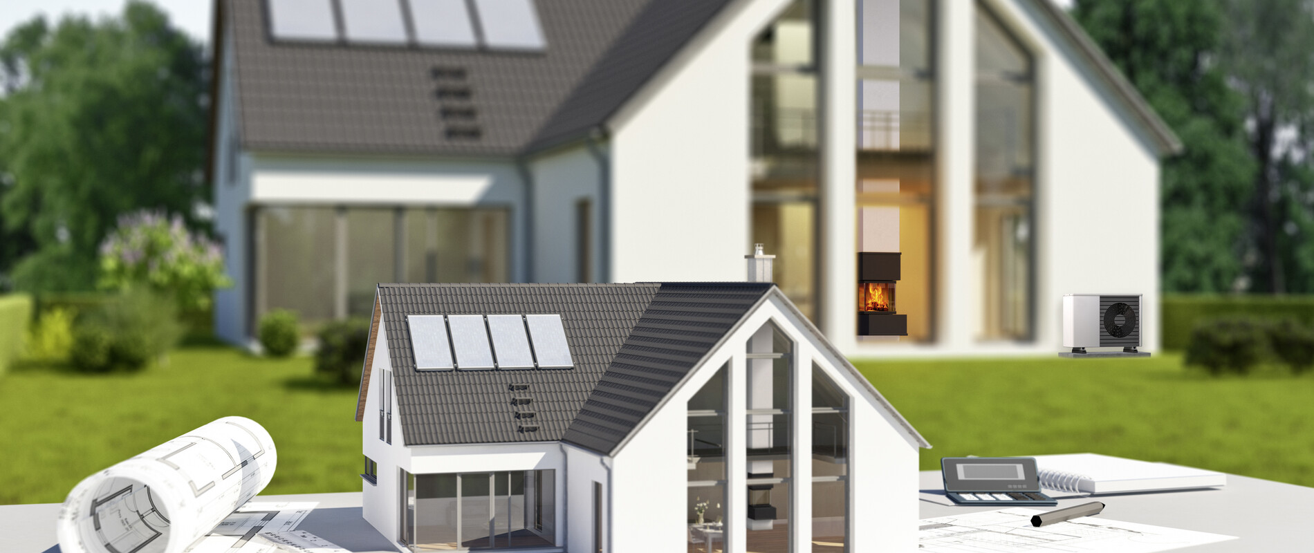 Modern house near zero energy building with wood stove