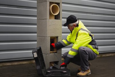 Schiedel Mitarbeiter erstellt technische Zeichnung von Edelstahl-Abgassystem
