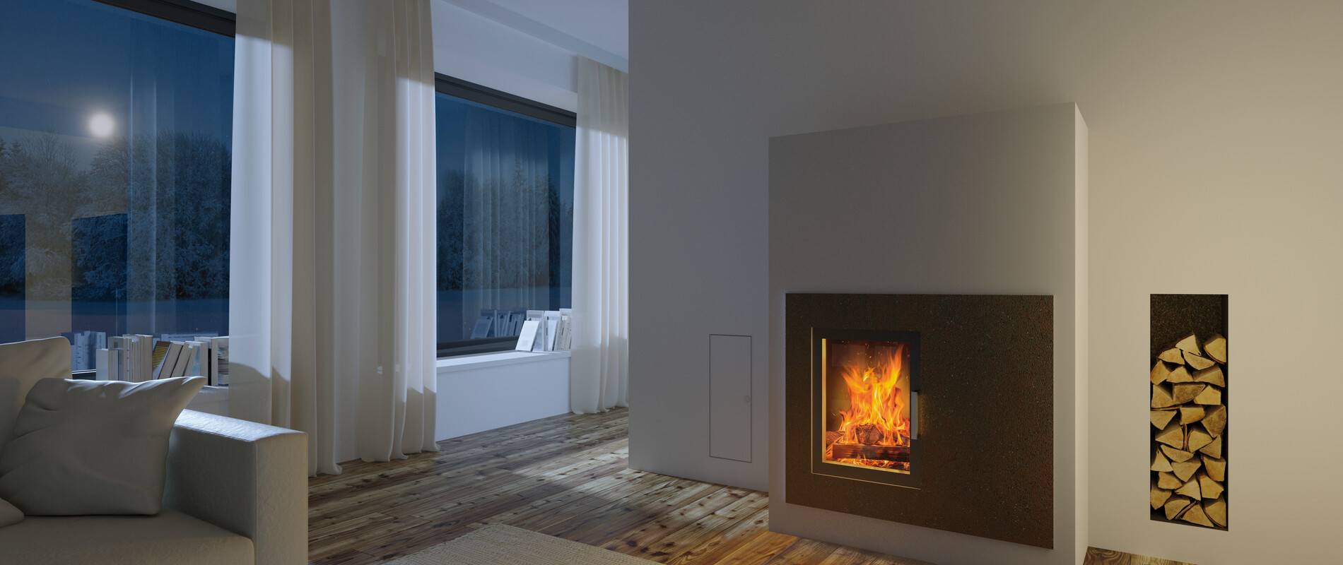 Rejtett ajtós kéménylábbal megépített kémény egy nappali szobában