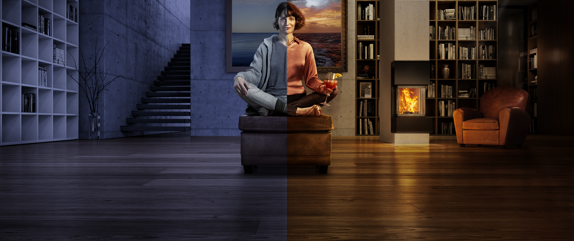 Frau mit Getränk in einem kalten und warmen Raum 