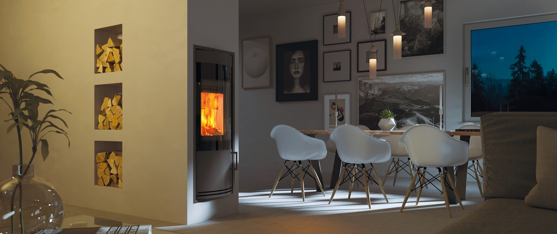 KINGFIRE RONDO SC jako dělicí prvek místnosti.