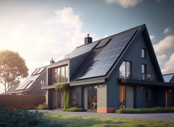 Hausdach mit Schornstein und Solar | © AdobeStock 554397802
